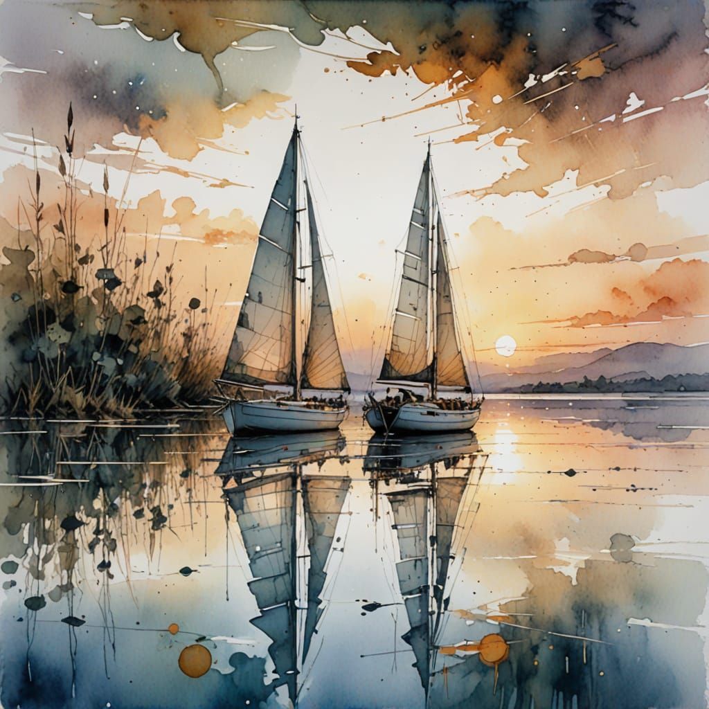 Sailboat on a Serene Watercolour Sunrise