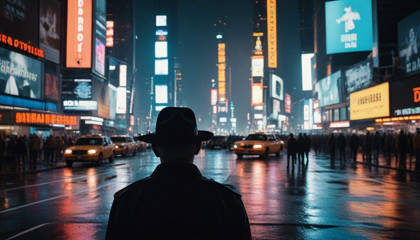 Shaded Figure in Times Square's Neon Glow