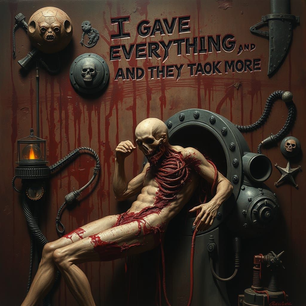 Dismembered Figure in Biomechanical Horror Scene