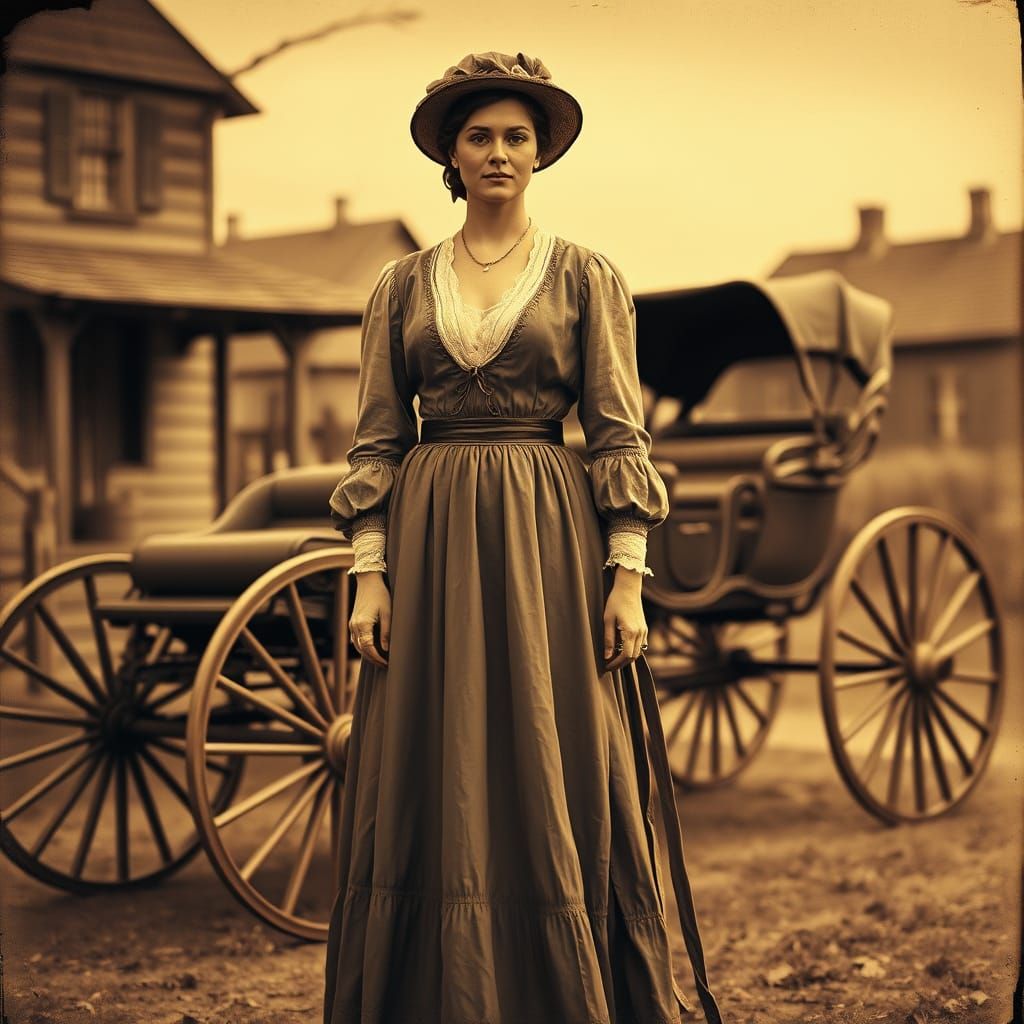 Woman in 19th-Century Attire Against Sepia-Toned Rural Backd...