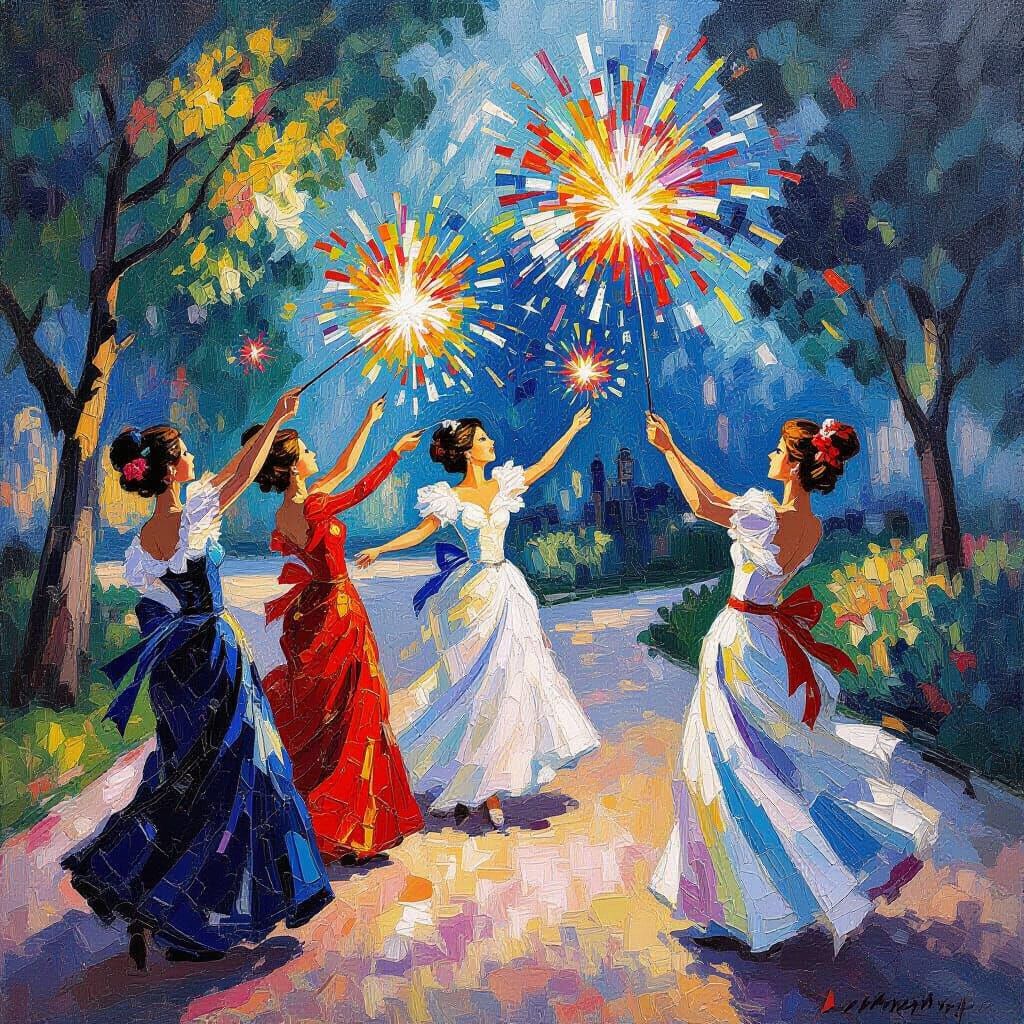 Elegant Court Ladies Enjoying Fireworks in Neo-Impressionist...