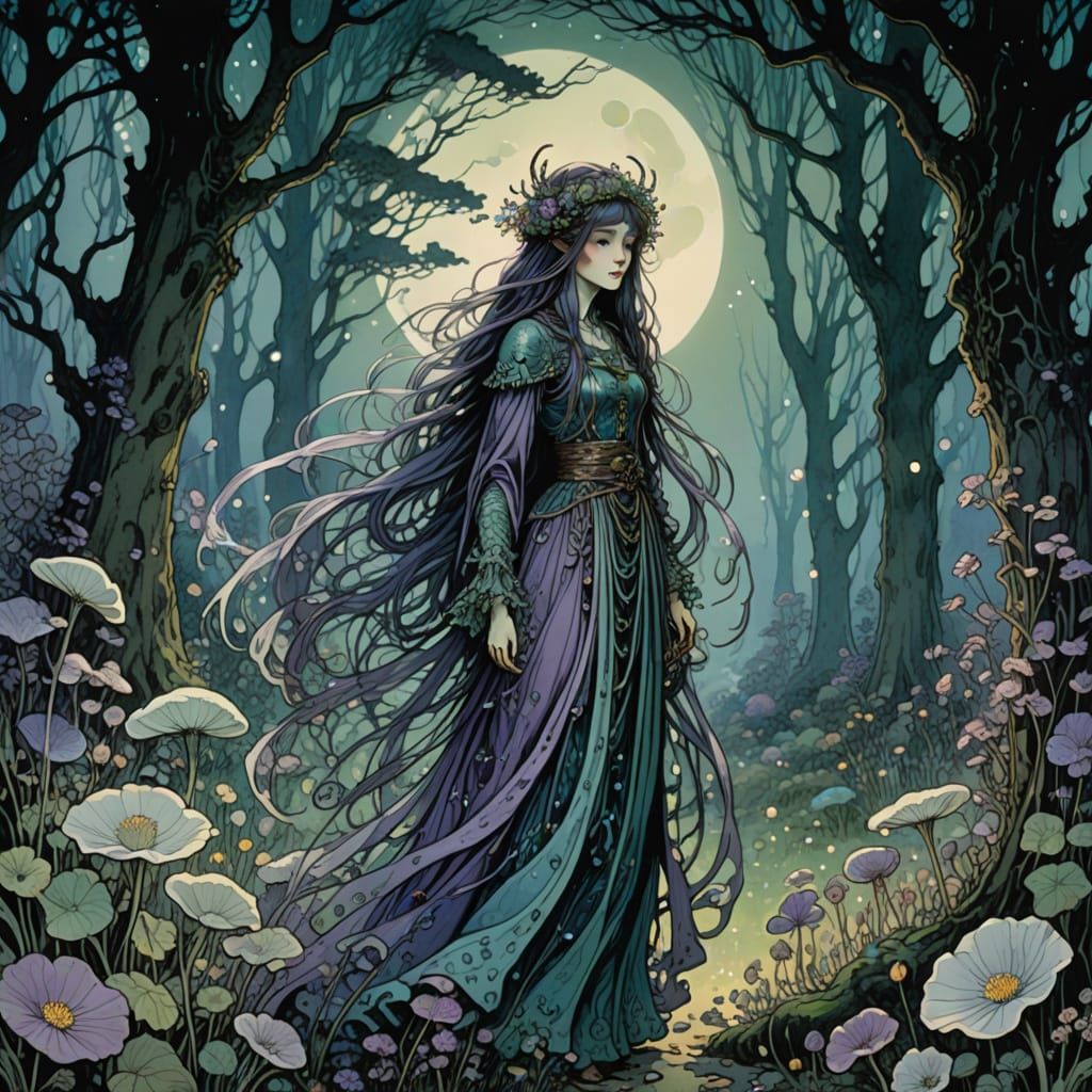 Ethereal Forest Spirit Tending Moonlit Spectral Garden