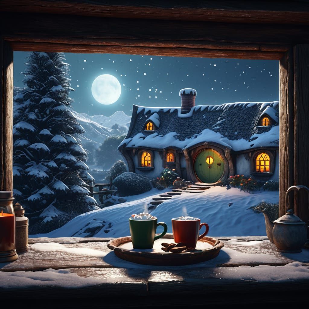 Wintery Hobbiton Scene in Vivid Colors