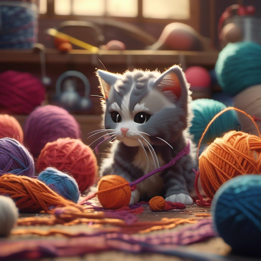 Chibi Kittens Play in Yarn Store, Detailed Digital Art