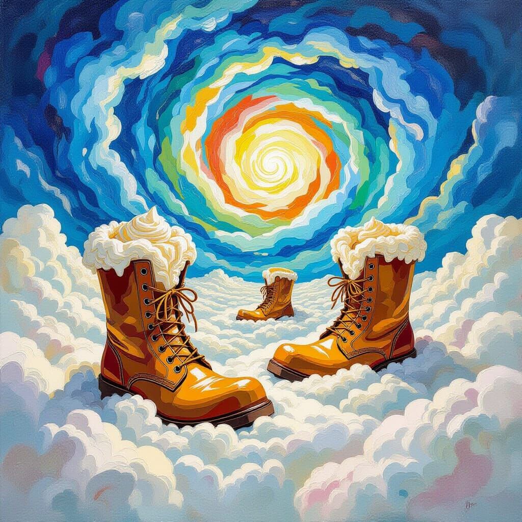 Surreal Landscape of Giant Boots in Whipped Cream Clouds