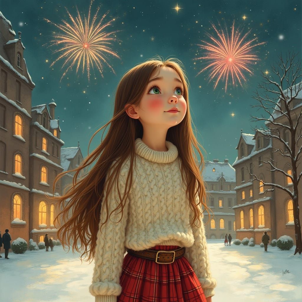 Girl in Cozy Sweater Watches Fireworks under the Starry Nigh...