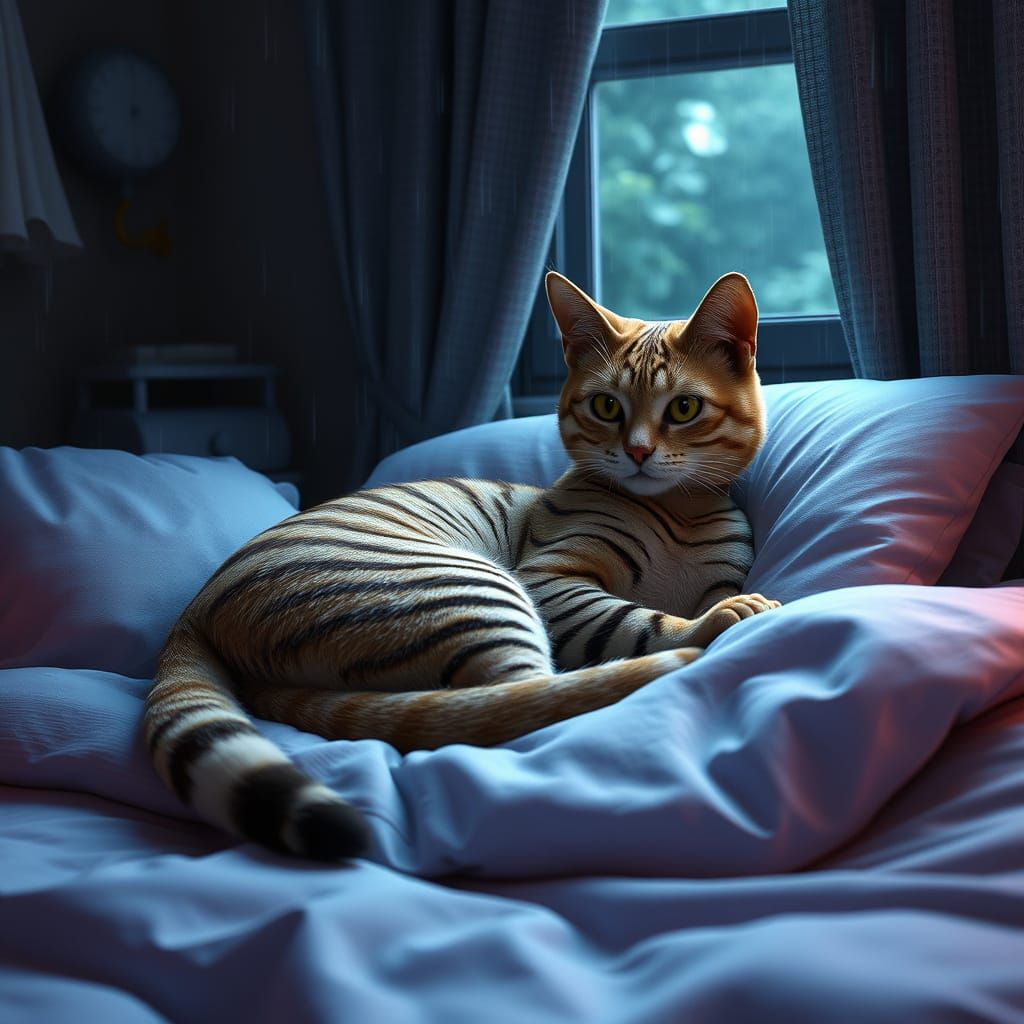 Dreamy Bedtime Scene with a Striped Ginger Cat in a Surreal ...