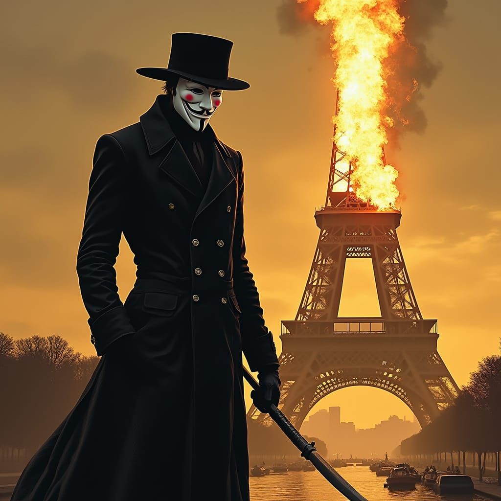 V for Vendetta Burning Power Near Eiffel Tower