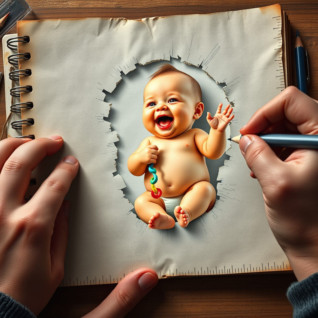 Hyper-Realistic Art: Baby Emerging from Notebook