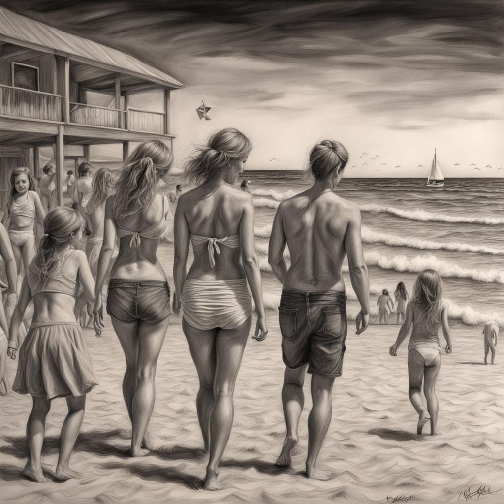 Hyperdetailed Charcoal Drawing of a Beach Party