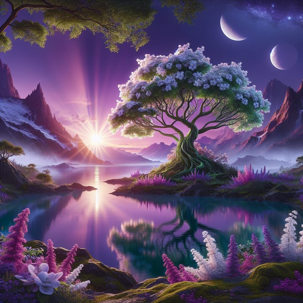Majestic Fantasy Floral Tree Silhouetted Against a Deep Purp...