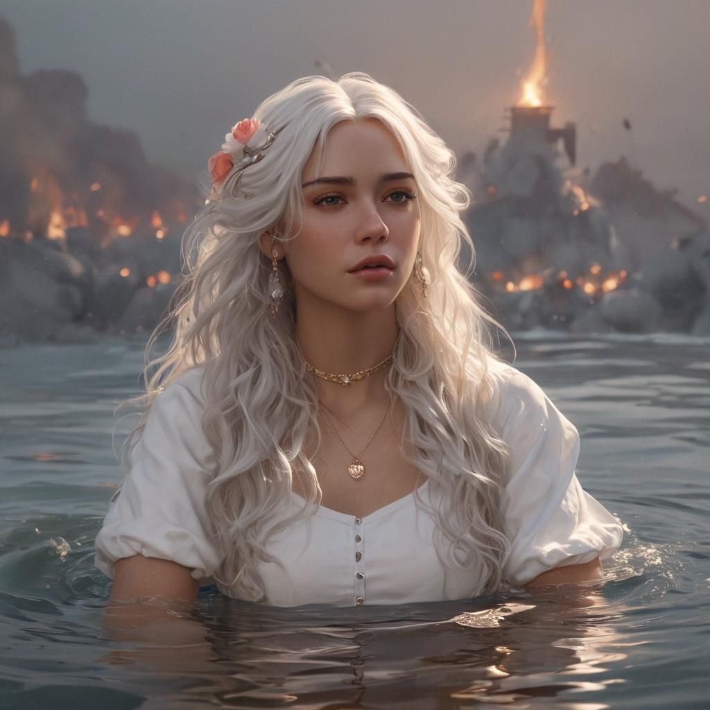 Lady in White with Fiery Backdrop