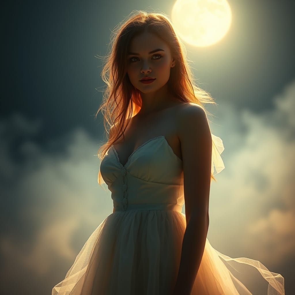 Ethereal Woman in Moonlight: A Dreamlike Scene