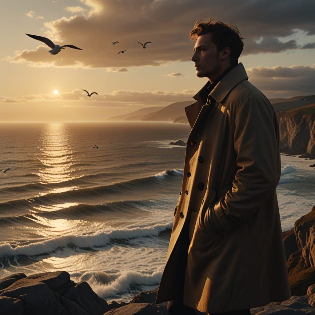 Young Man Overlooking Ocean at Sunset in Photorealistic Styl...