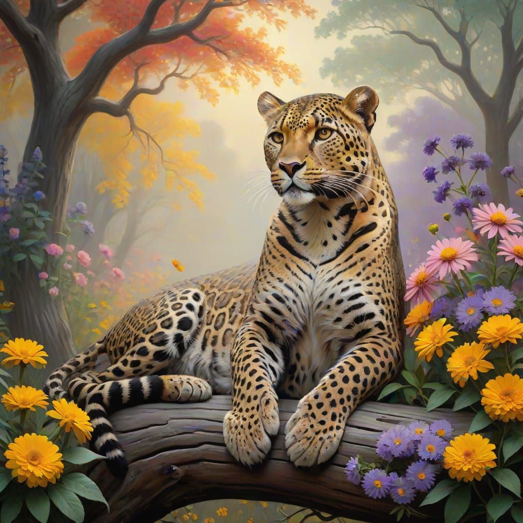 Serene Leopard in Vibrant Wildflower Tapestry