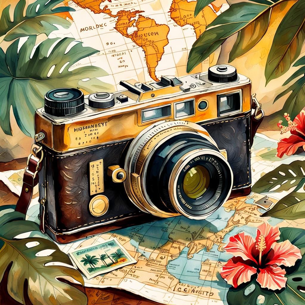 Vintage Camera Watercolor Travel Poster Art