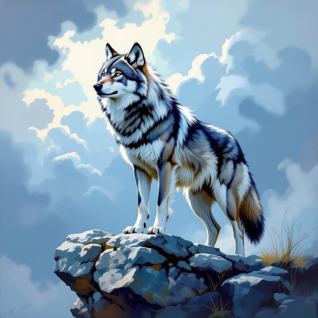 Powerful Wolf on Stone Outcrop in Expressive Oil Style