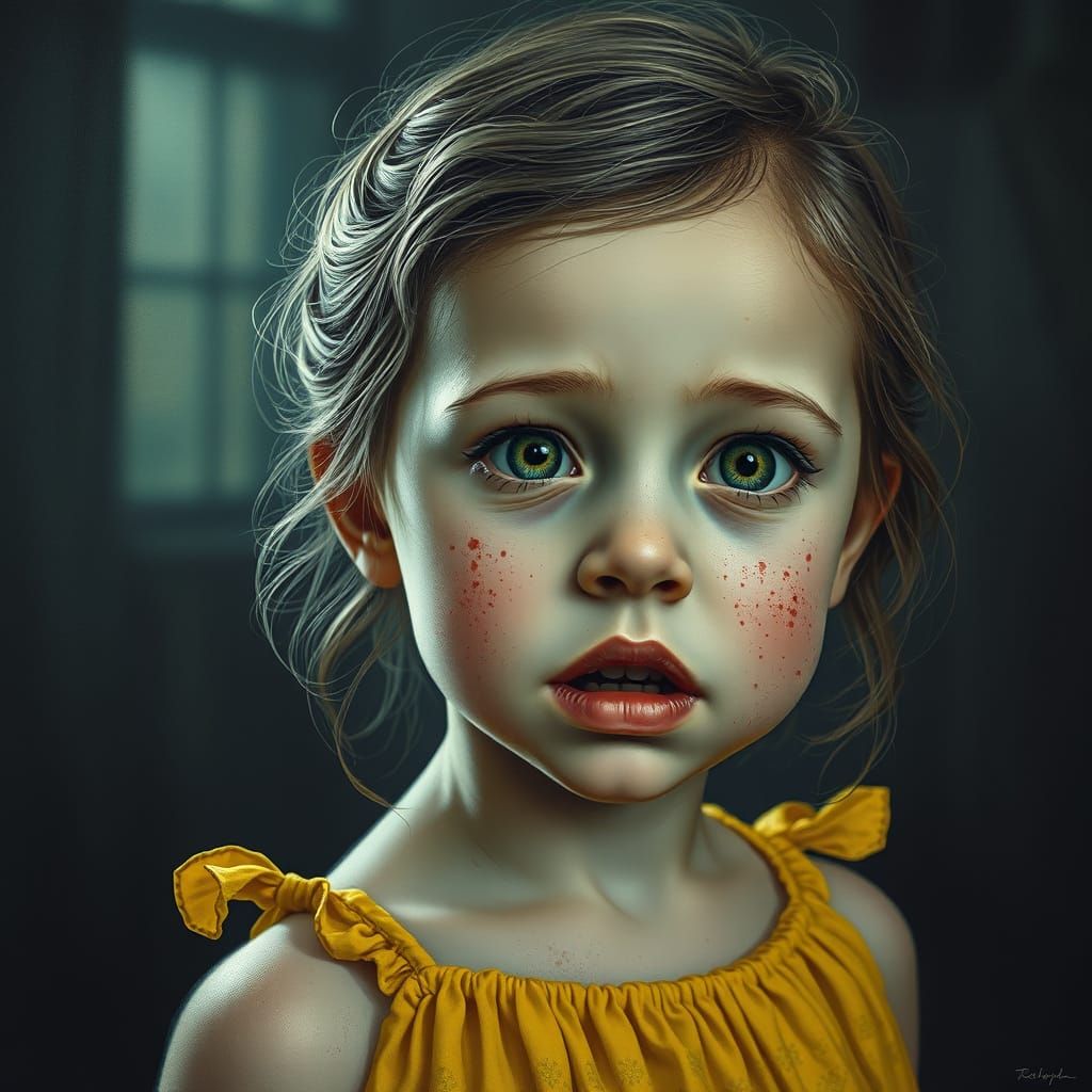 Eerie Girl with Freckles in Haunting Dark Fantasy Style