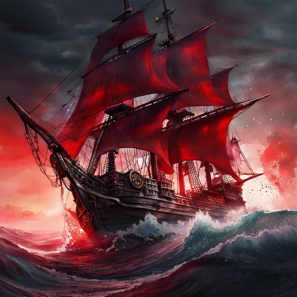Watercolor Pirate Ship with Red Sails