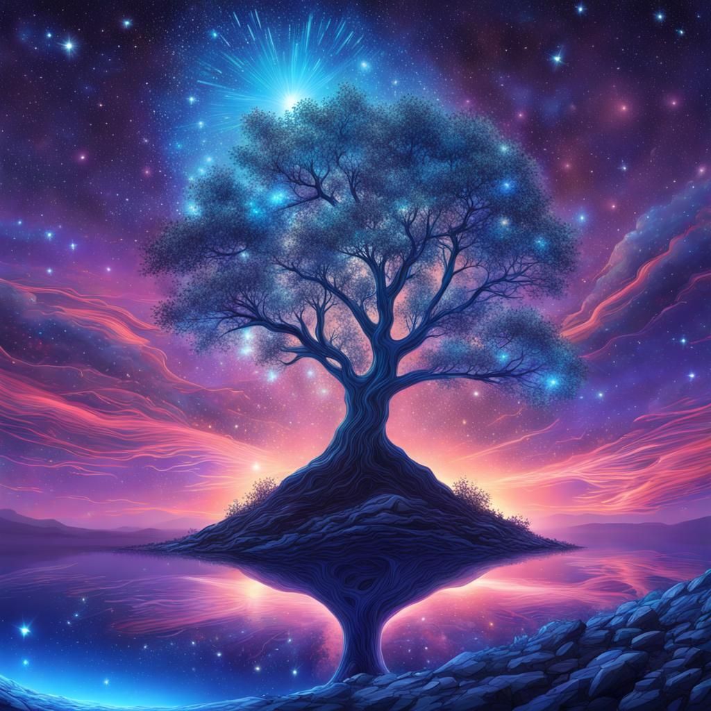Cosmic Meteor Illuminates Night Tree: Pablo Amaringo Style