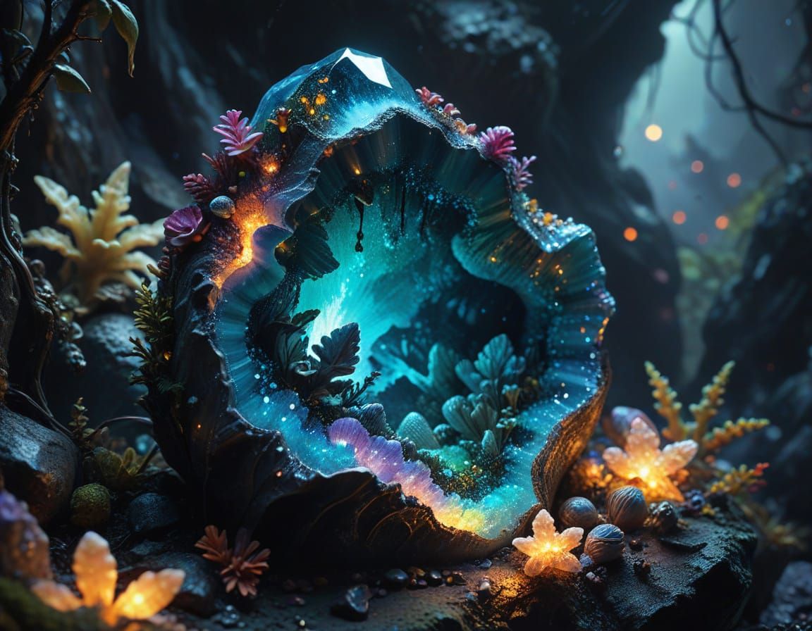 Glowing Forest Ecosystem Inside Cracked Geode, Hyperrealisti...