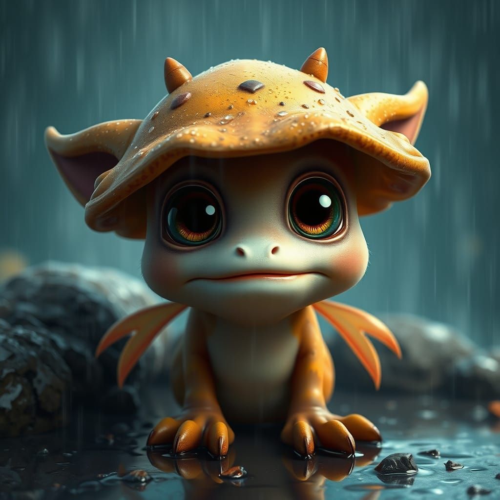 Whimsical Creature Shelters from Rain in Hyper-Realistic Sty...
