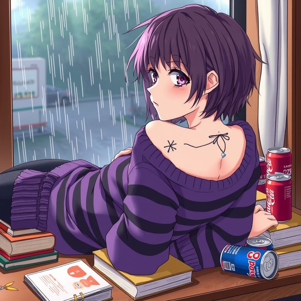 Anime Style Emo Girl Surrounded by Books