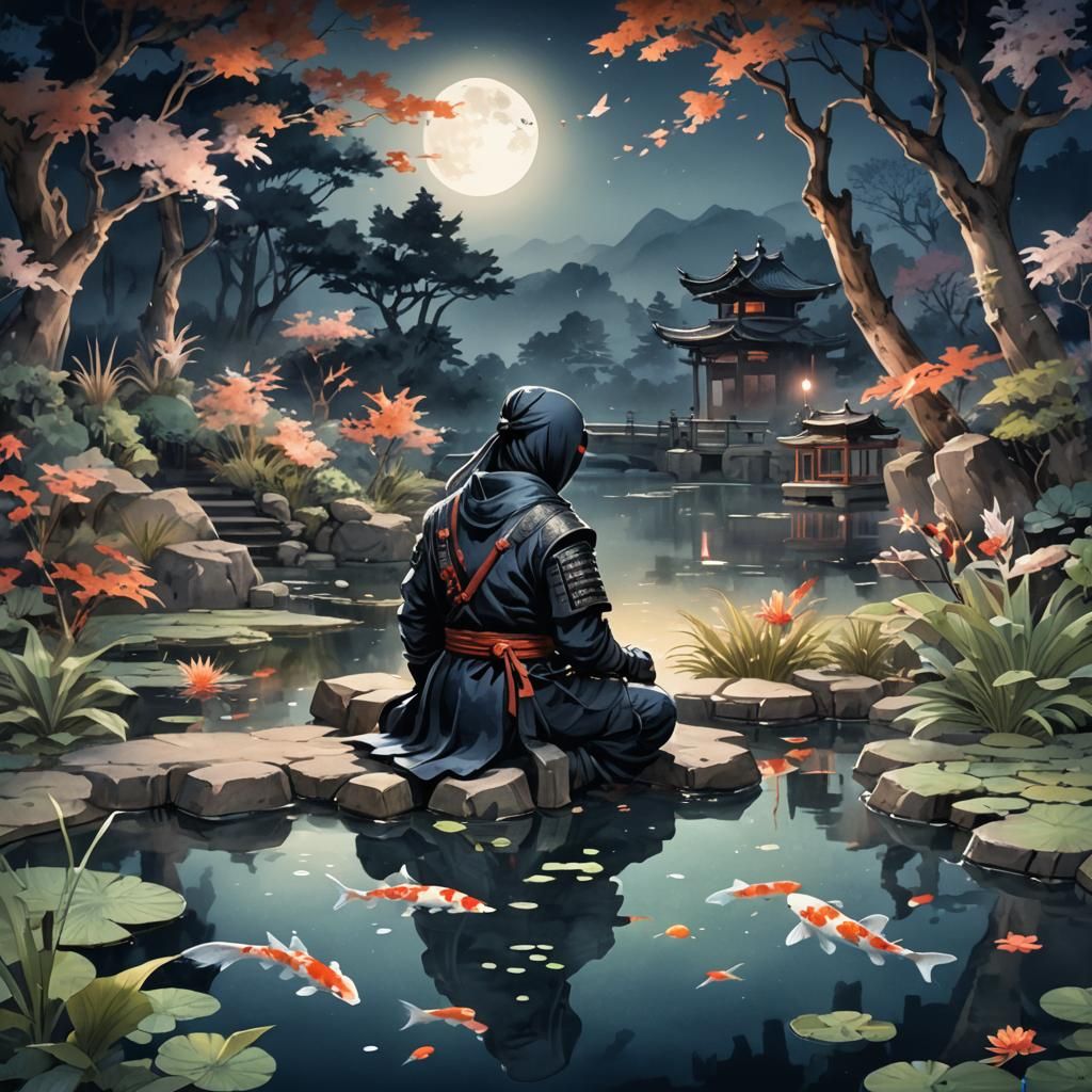 Ninja Kneeling at Koi Pond: Sumi-e Watercolor