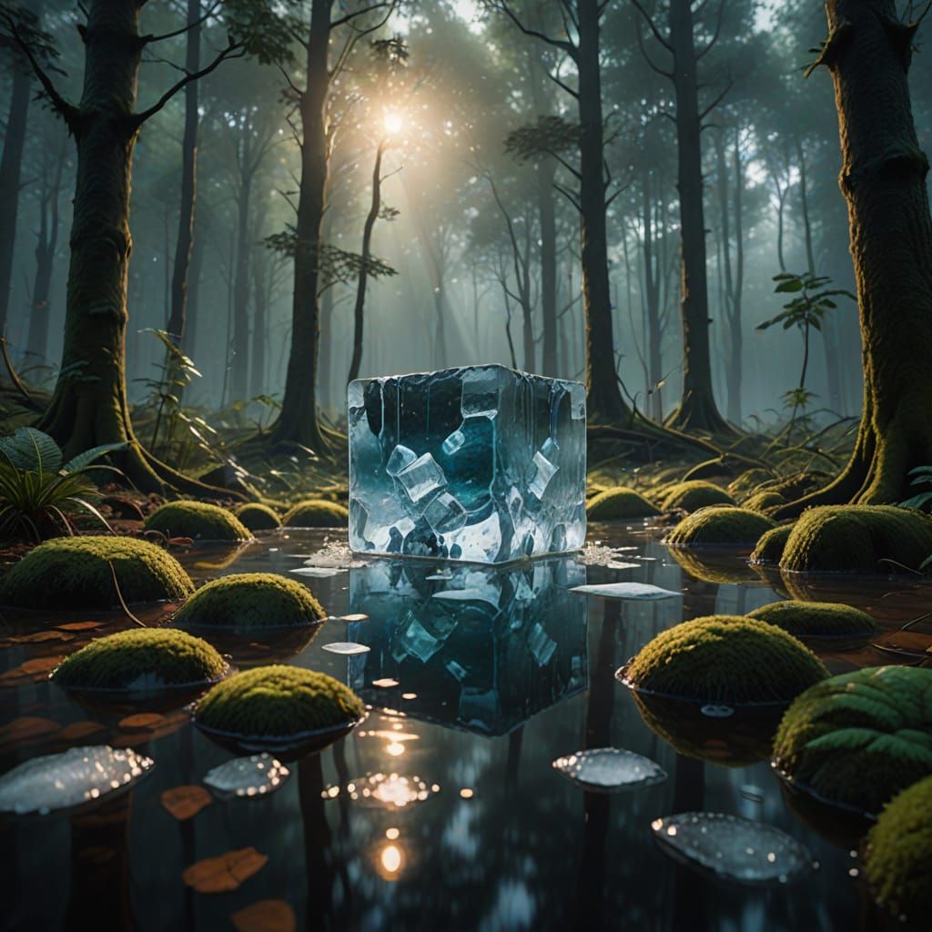 Epic Hyper-Realistic Forest Scene with Glowing Ice Cubes