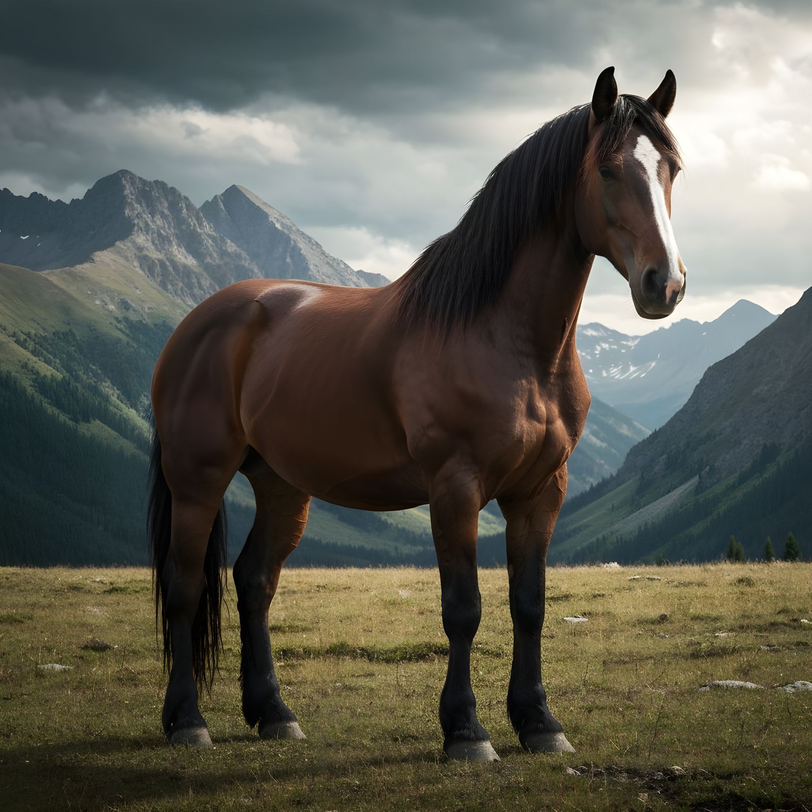 Wild Horses Gallop Through Stormy Mountain Landscape