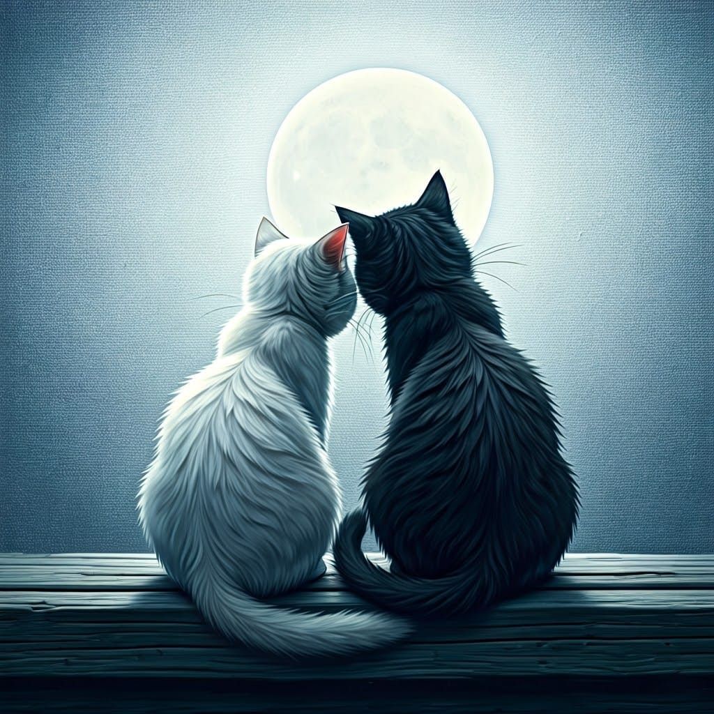 Romantic Moonlit Feline Duet in Whimsical Watercolor Style