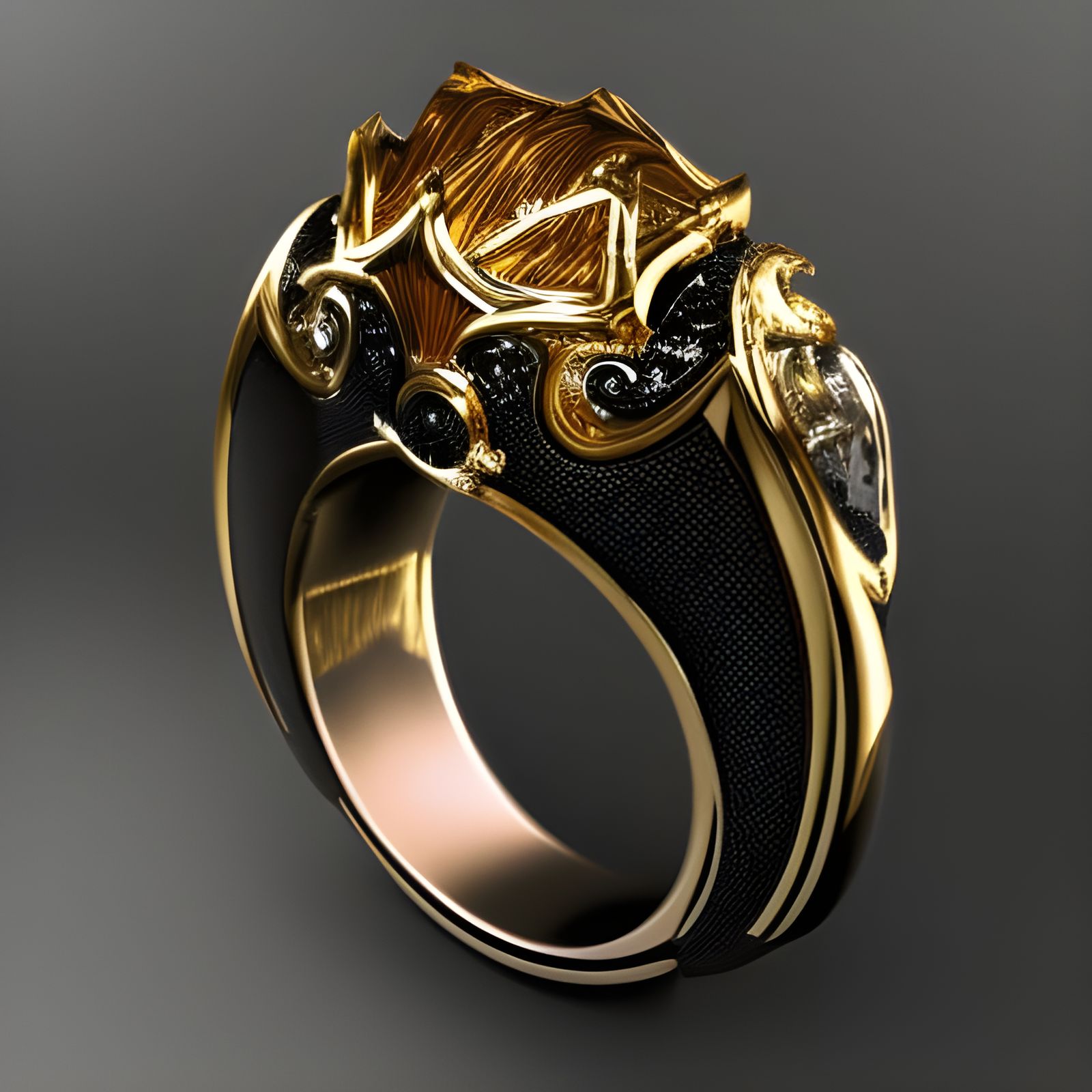 High quality Gold and Platinum, Male Ring, Luxury, Ruby, Powerful, Bold, Signet, Masculine, on display, dark grey/ black...