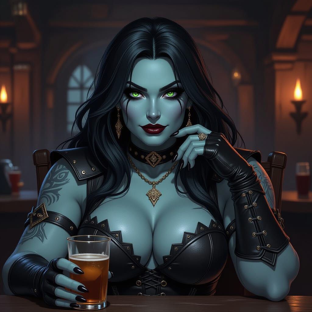Gothic Ogress Enjoys Drink in Medieval Tavern