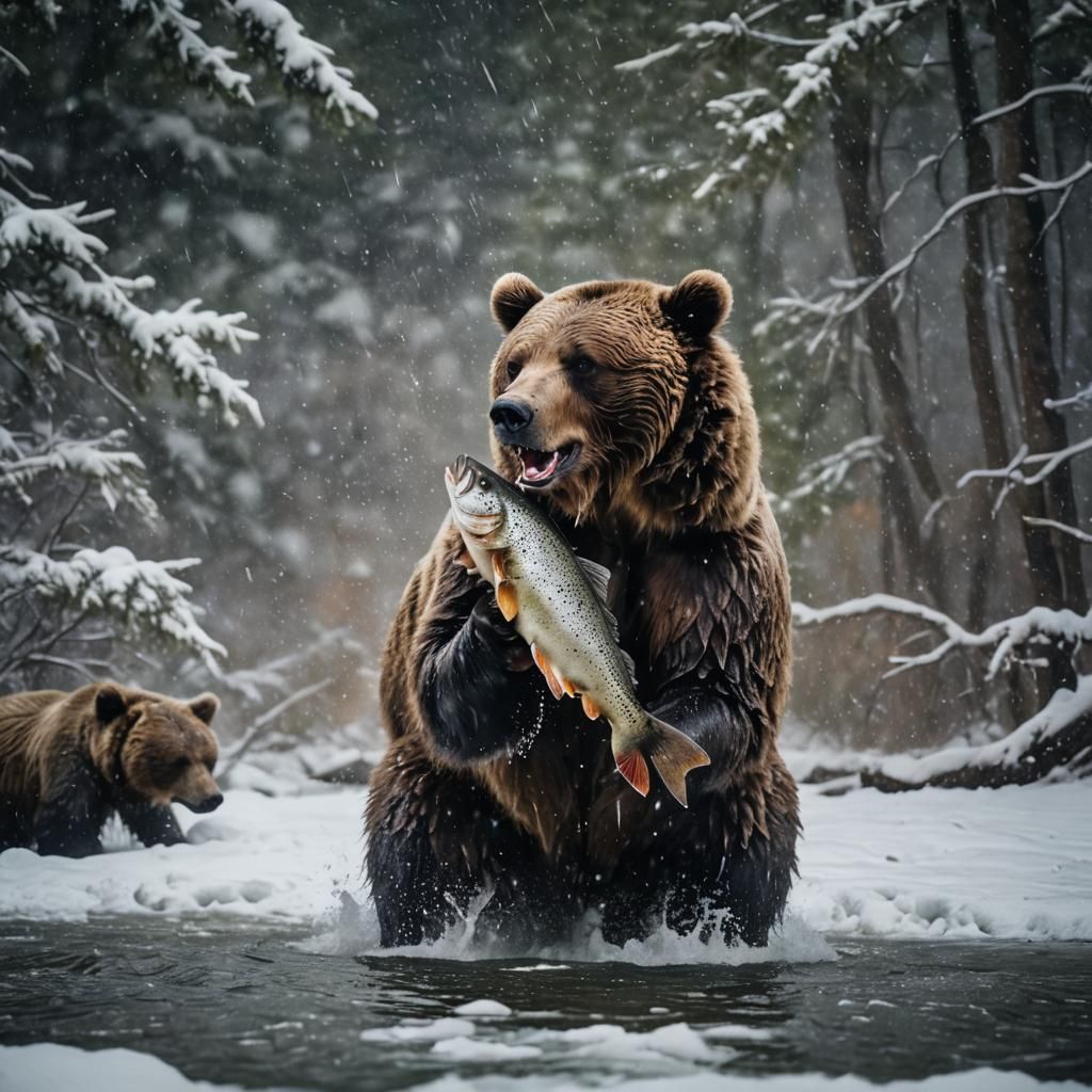 Cinematic Bear Catching Trout in Snowy Hot Water