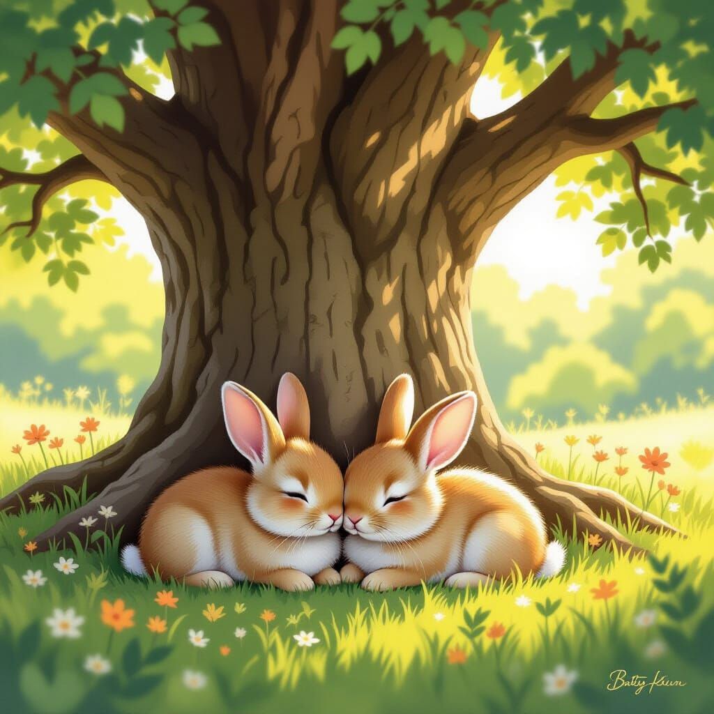 Adorable Baby Bunnies Resting in Dappled Sunlight