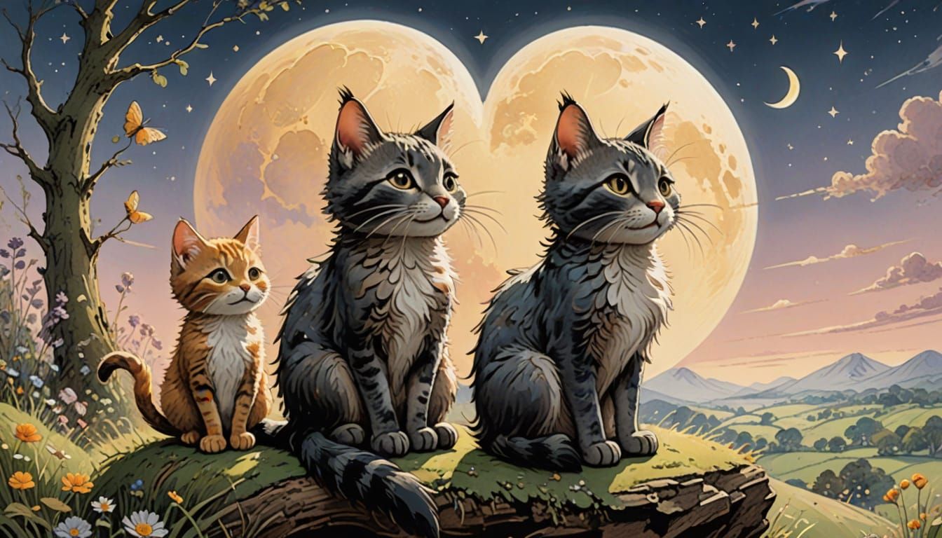 Whimsical Cartoon Cat Couple in Cozy Moonlit Nook