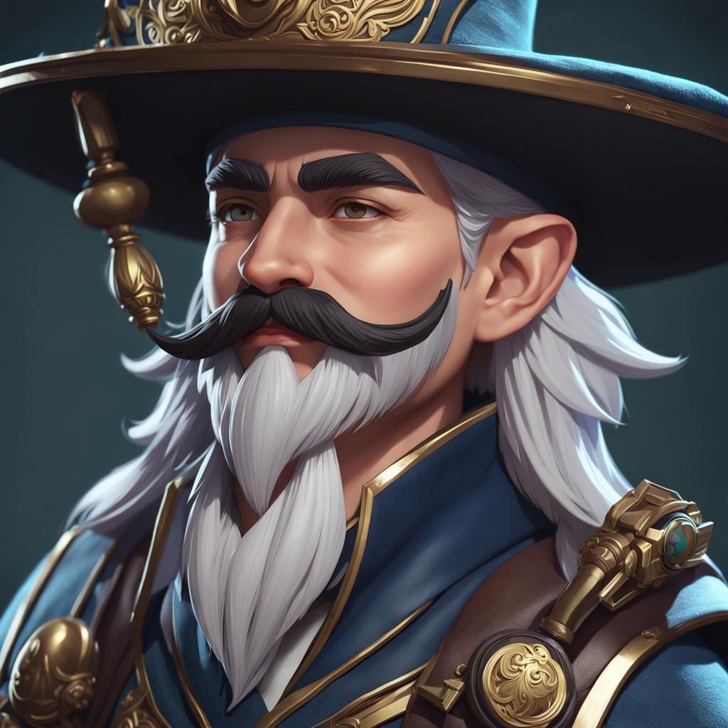 a portrait of a posh dnd gnome wizard with a moustache. big hat