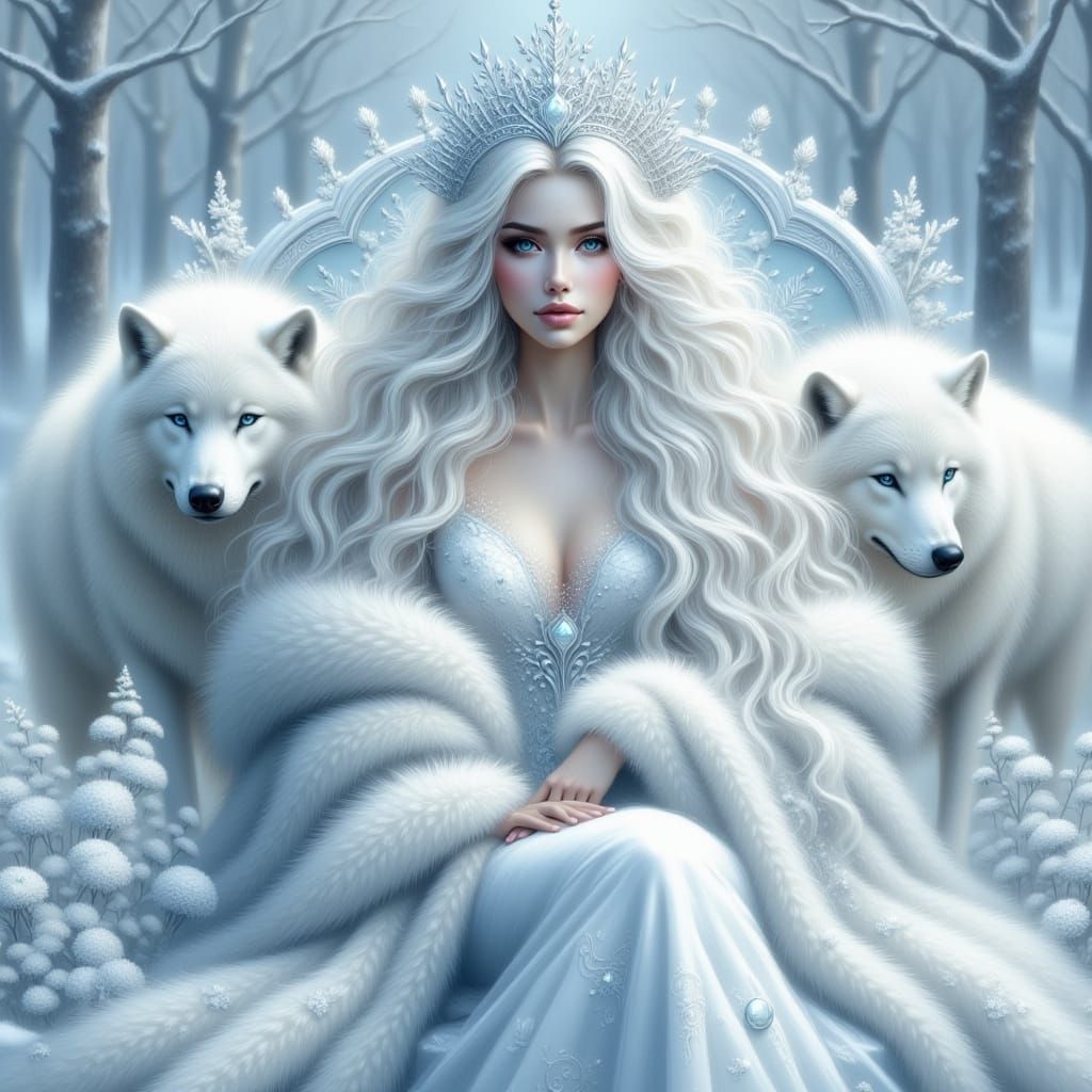 Snow Queen with Wolf Companions in Detailed 3D Art