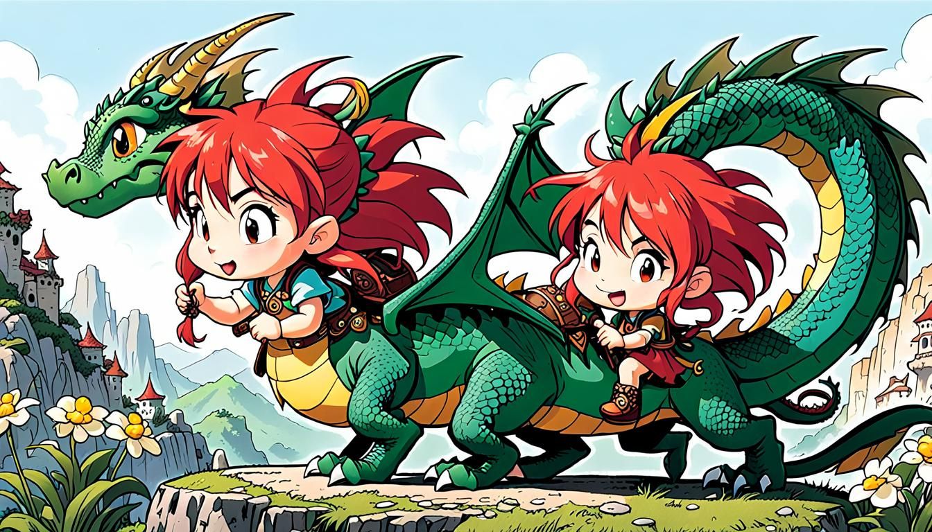 Enchanted Chibi Girl Surrounded by Whimsical Dragons
