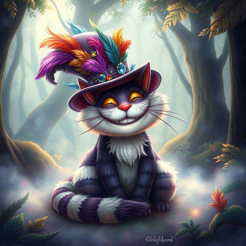 Whimsical Cheshire Cat in Ethereal Forest Attire