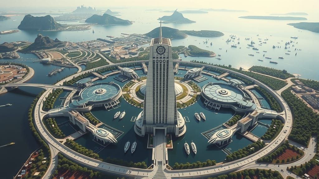 Aerial View of Thriving Atlantis in Cyberpunk Style