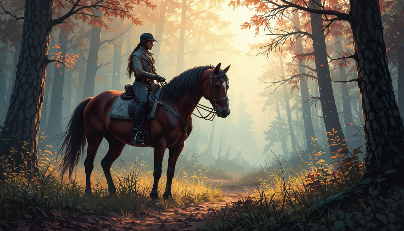 Saddled Horse in Forest: Hyperrealistic Splash Art