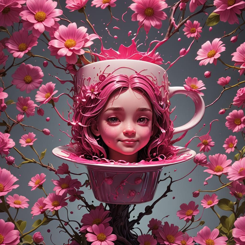 Neon Flower and Pooh Portrait in Digital Art