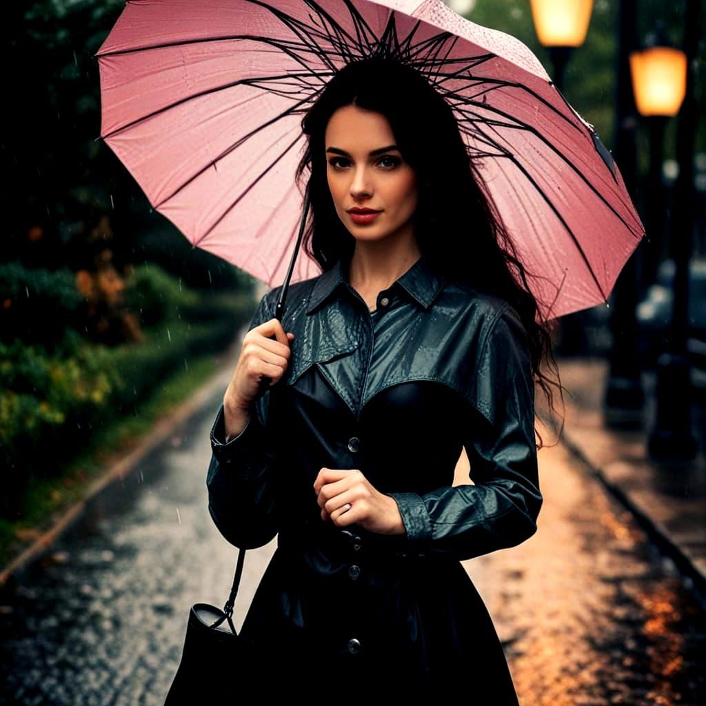 Woman With Tiffany Lamp Umbrella in Evening Rain