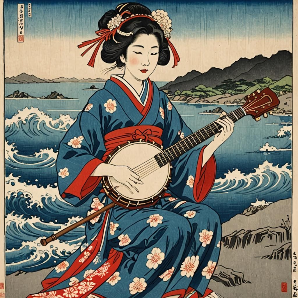 Japanese Woman Playing Banjo: Woodblock Print