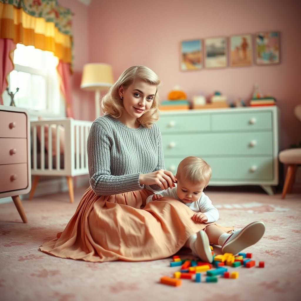 50s Blonde Pinup Mom Plays with Her Little One in a Retro Nu...