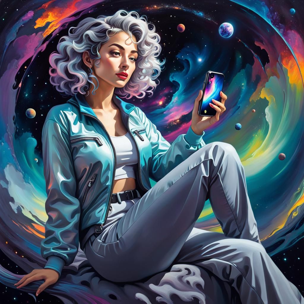 Woman in Space with iPhone: Surrealist Oil Painting