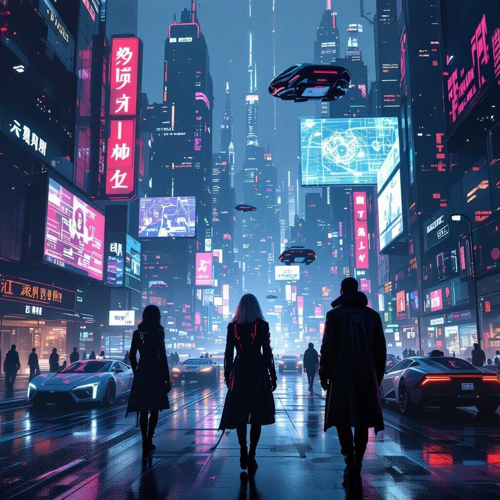 Futuristic Cityscape with Cyberpunk and Dystopian Elements