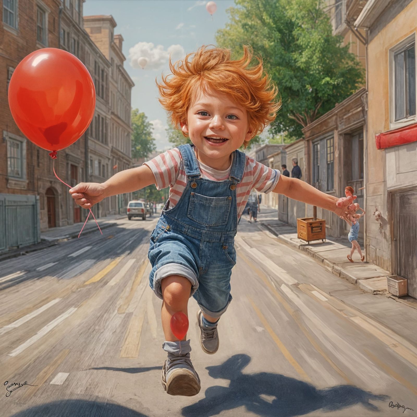 Red-Haired Boy Chasing Balloon: Pastel Painting