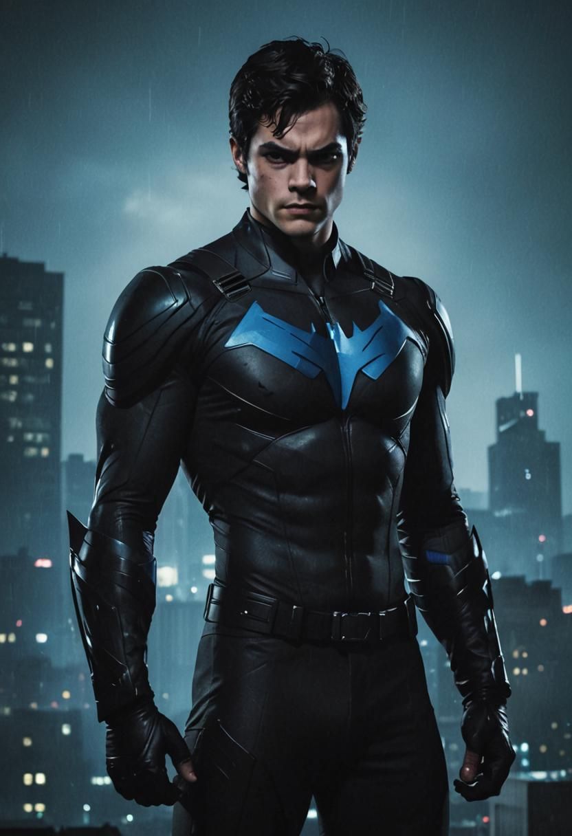 Nightwing in Gritty Cityscape: Cinematic Comic Art